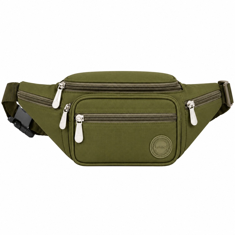 2522 Green Crinckled Nylon Bumbag W/6 Pockets (New) (image for) 2522 Green Crinckled Nylon Bumbag W/6 Pockets (New)